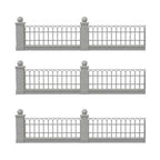 Three identical views of a gray decorative metal fence with brick-style posts and round finials on a white background.