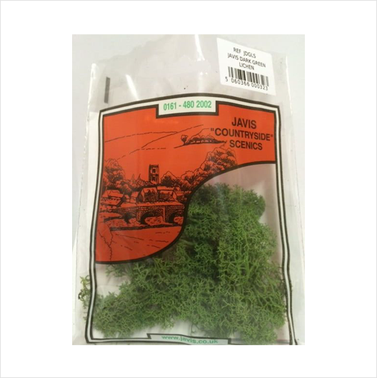 A package of 'Javis' brand model scenery lichen in dark green color, designed for use in railway and wargaming settings.