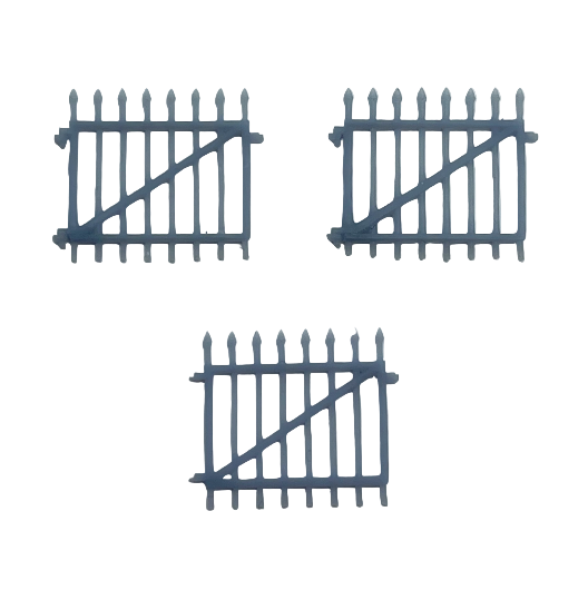 A set of three 3D printed grey spear-top gates intended for model painting.
