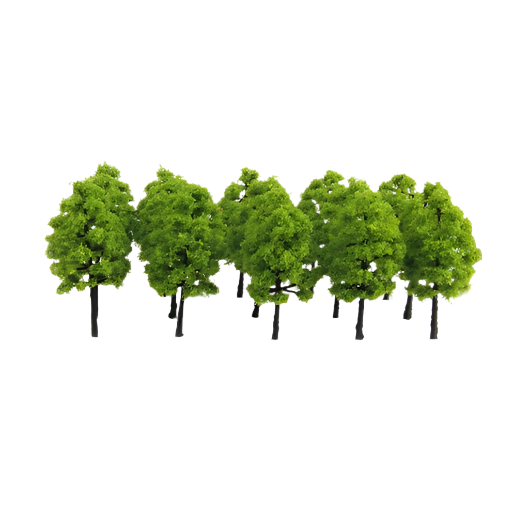 A group of light green model trees arranged together against a white background.